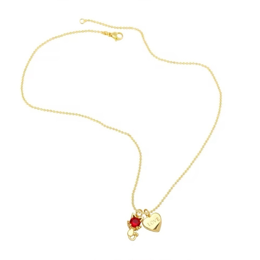 18K Gold Plated Cat & Heart “Love” Pendant Necklace With Red Gemstone Accent - Picture 2 of 6